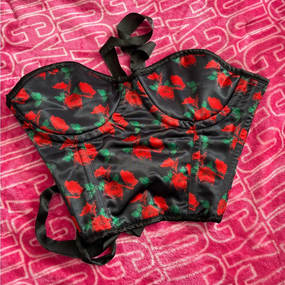 Dolls Kill Black and Red Rose Bustier Top